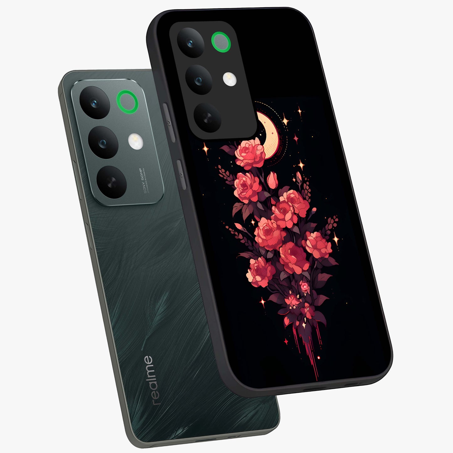 Moonlit Floral Elegance Glass Case displayed in angled mockup highlighting graceful flower design with soft moonlight aesthetic.