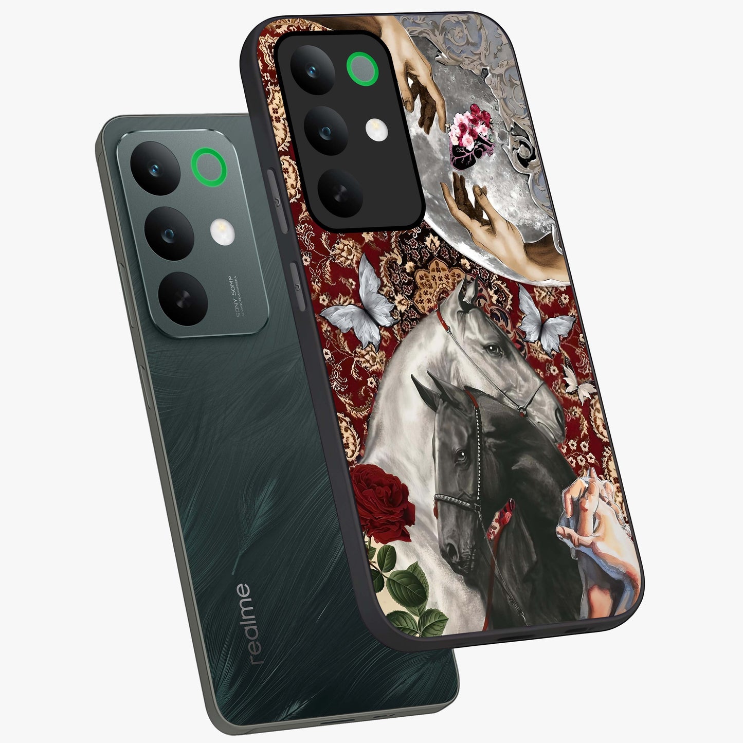 Moonlit Royal Stallion Glass Case displayed in angled mockup highlighting powerful stallion illustration with royal night aesthetic.