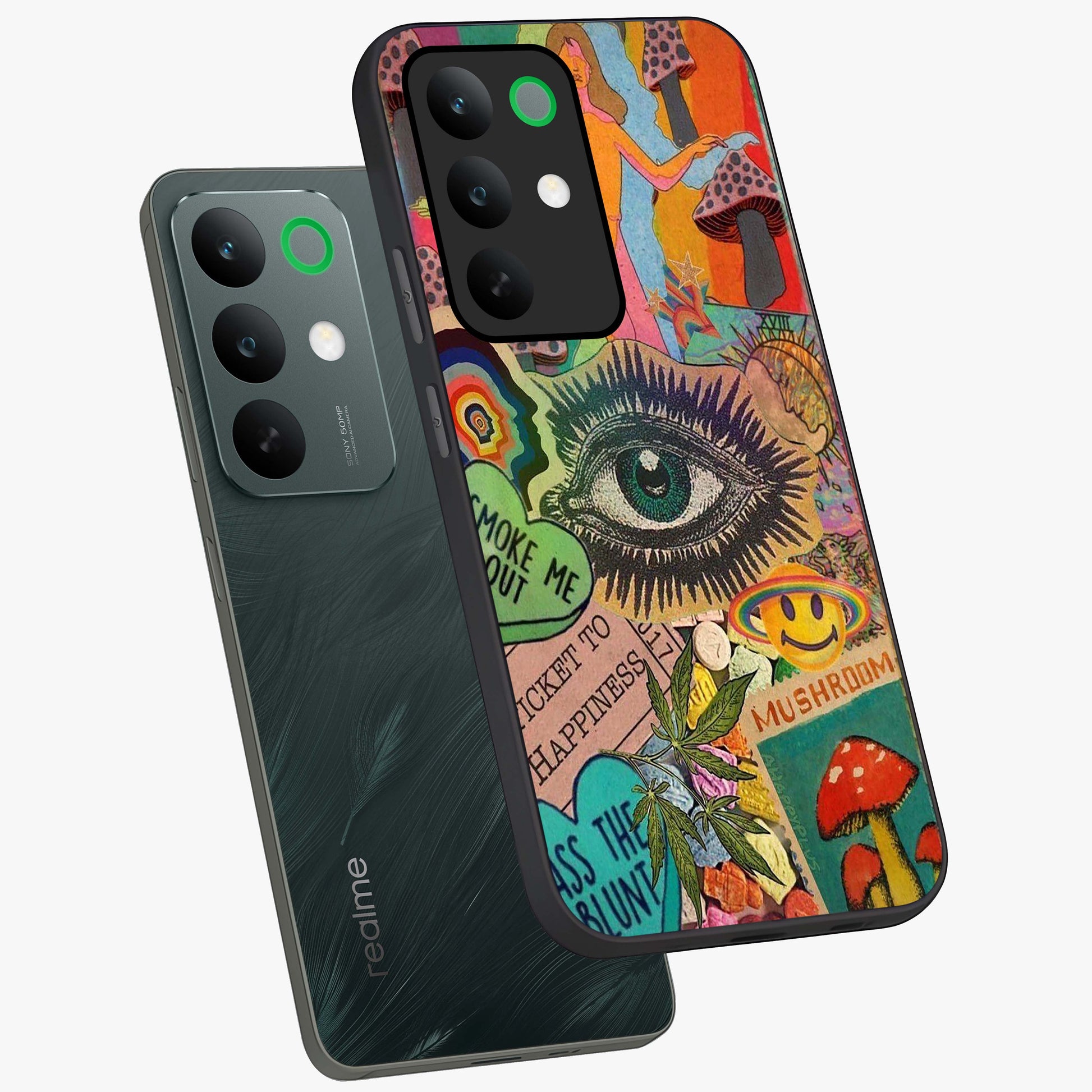 Mystic Eye Wonderland Glass Case displayed in angled mockup highlighting magical eye illustration with dreamy aesthetic.