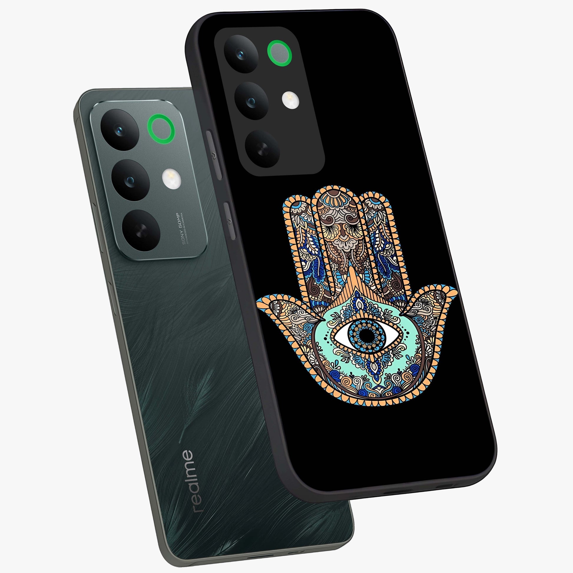 Mystic Hamsa Eye Glass Case displayed in angled mockup highlighting spiritual hamsa symbol with mystical aesthetic style.