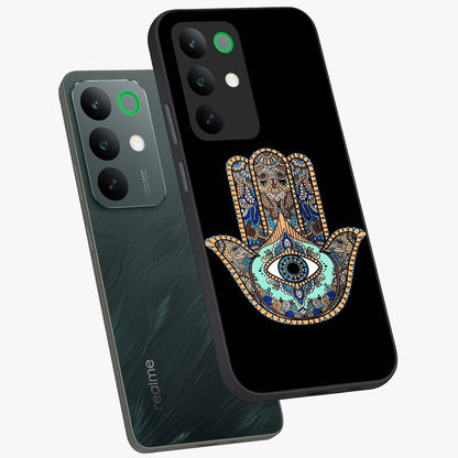 Mystic Hamsa Eye Glass Case displayed in angled mockup highlighting spiritual hamsa symbol with mystical aesthetic style.
