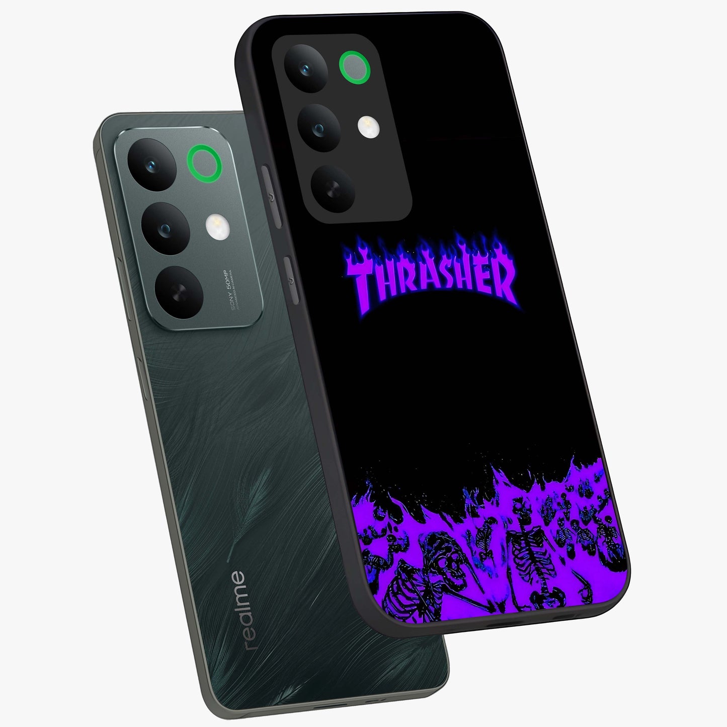 Neon Flame Riot Glass Case displayed in angled mockup highlighting glowing flame design with vibrant neon aesthetic.