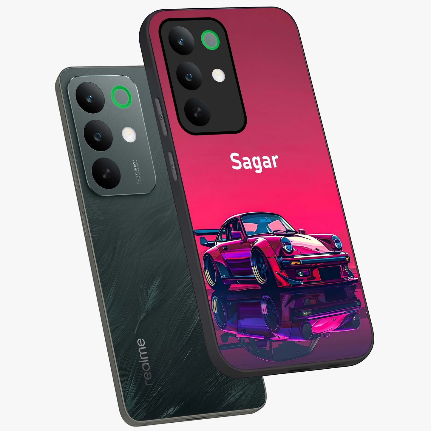 Neon Pink Porsche Glass Case displayed in angled mockup highlighting sleek neon pink car design with racing aesthetic.