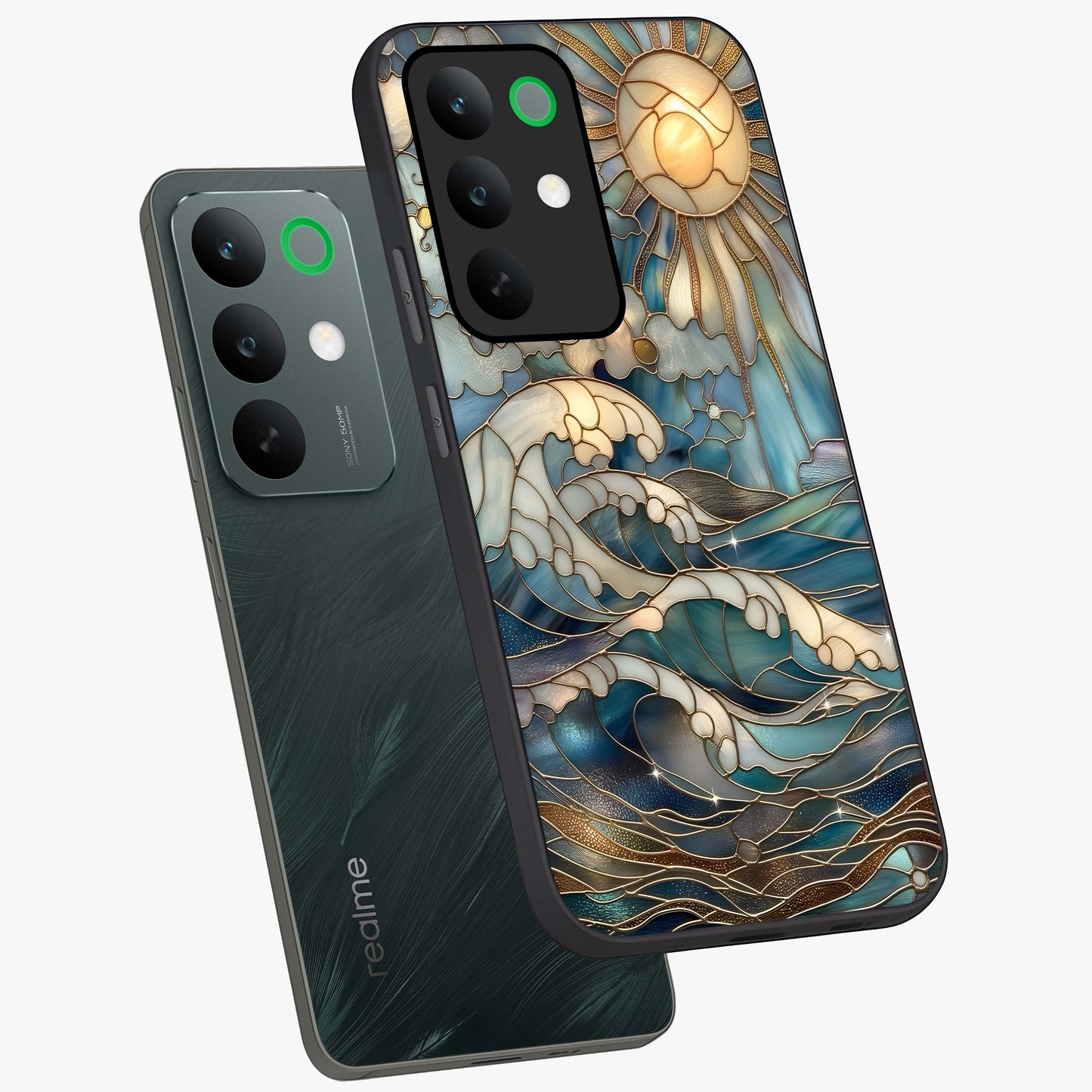 Oceanic Stained Printed Glass Case displayed in angled mockup highlighting colorful aquatic design with artistic aesthetic style.