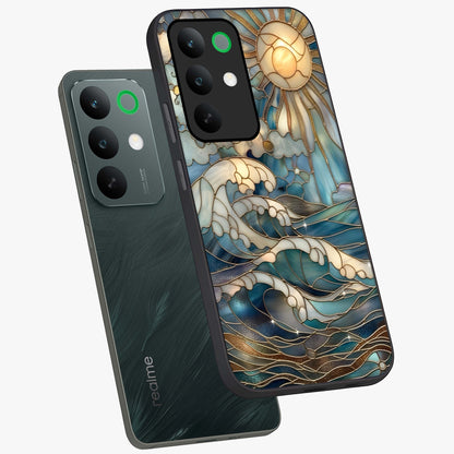 Oceanic Stained Printed Glass Case displayed in angled mockup highlighting colorful aquatic design with artistic aesthetic style.