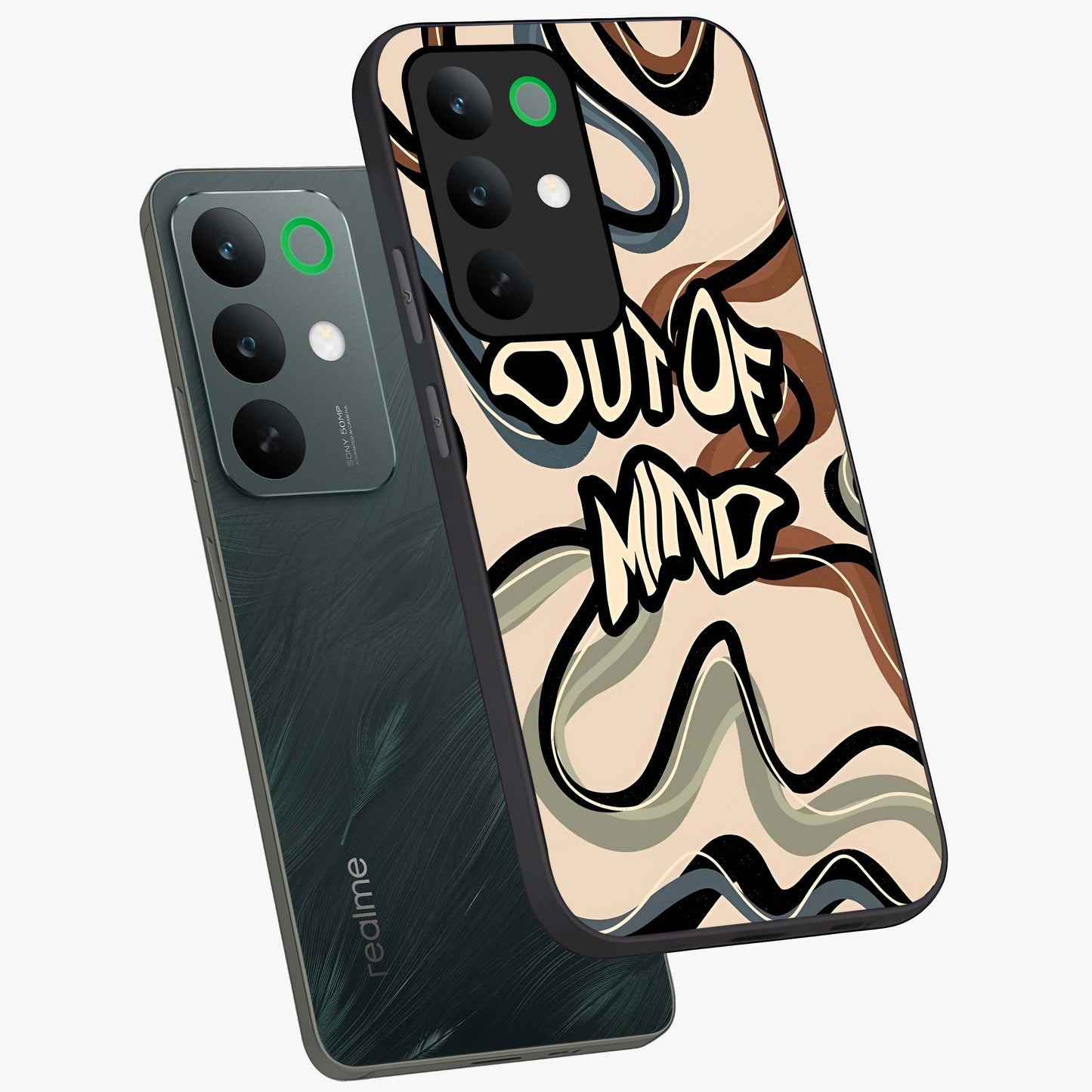 Out Of Mind Glass Case displayed in angled mockup highlighting bold statement design with modern artistic aesthetic.