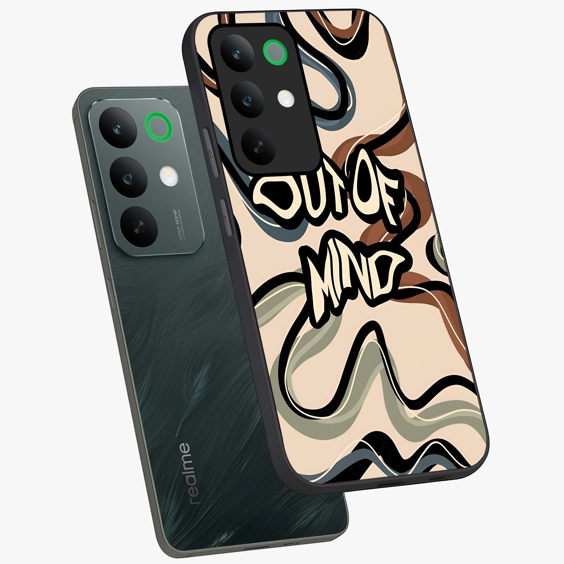 Out Of Mind Glass Case displayed in angled mockup highlighting bold statement design with modern artistic aesthetic.