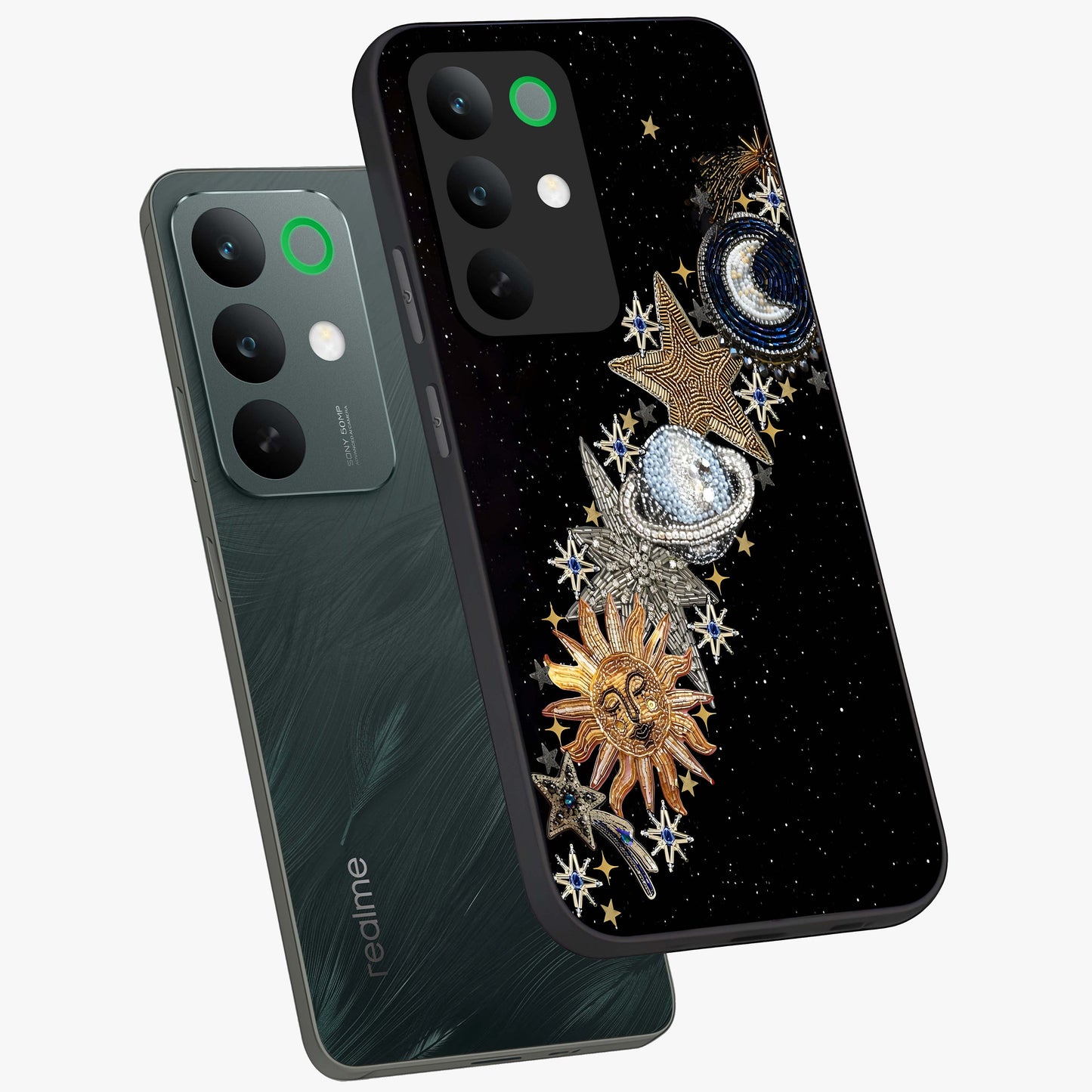 Pearls Universe Object Glass Case displayed in angled mockup highlighting celestial pearl design with dreamy aesthetic.