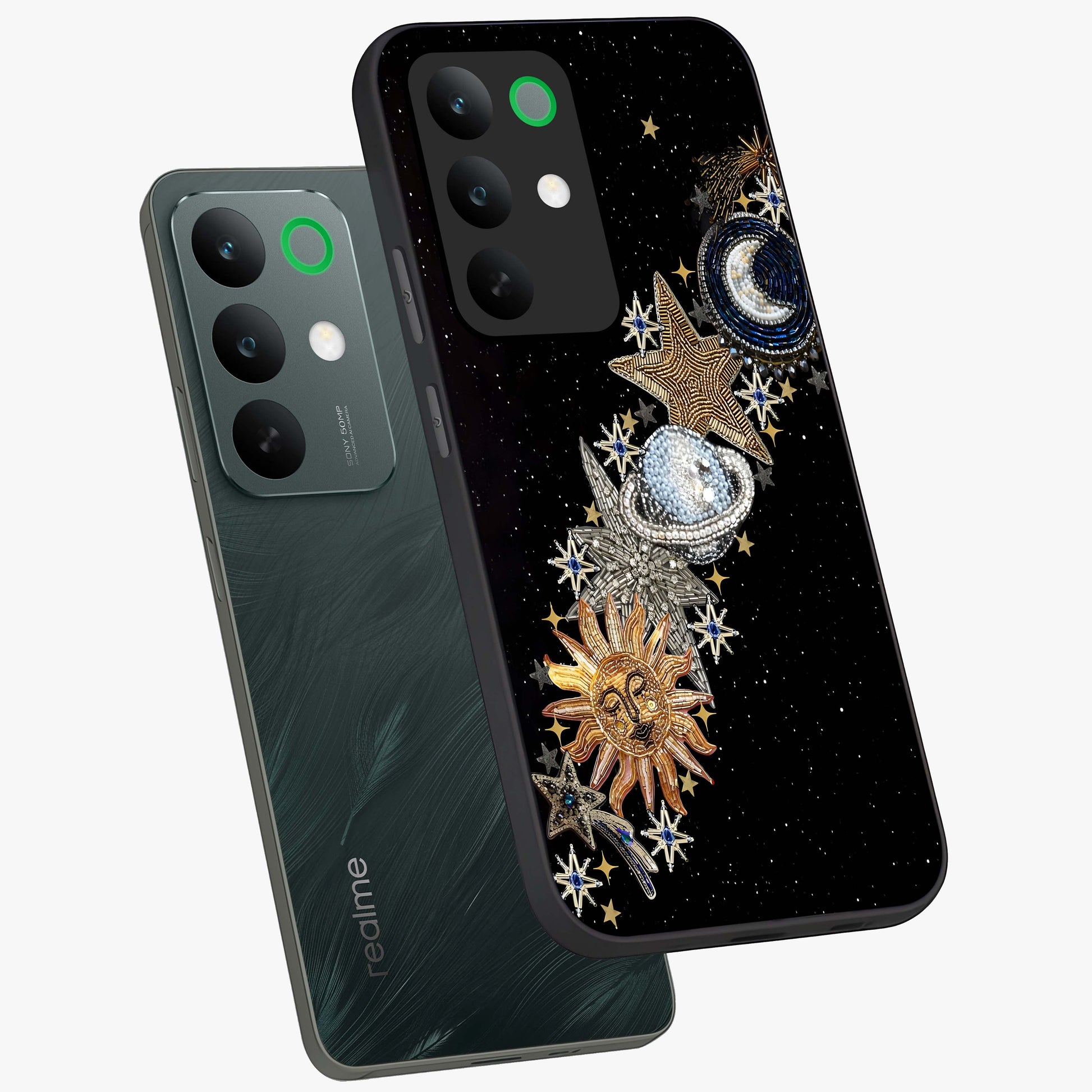 Pearls Universe Object Glass Case displayed in angled mockup highlighting celestial pearl design with dreamy aesthetic.
