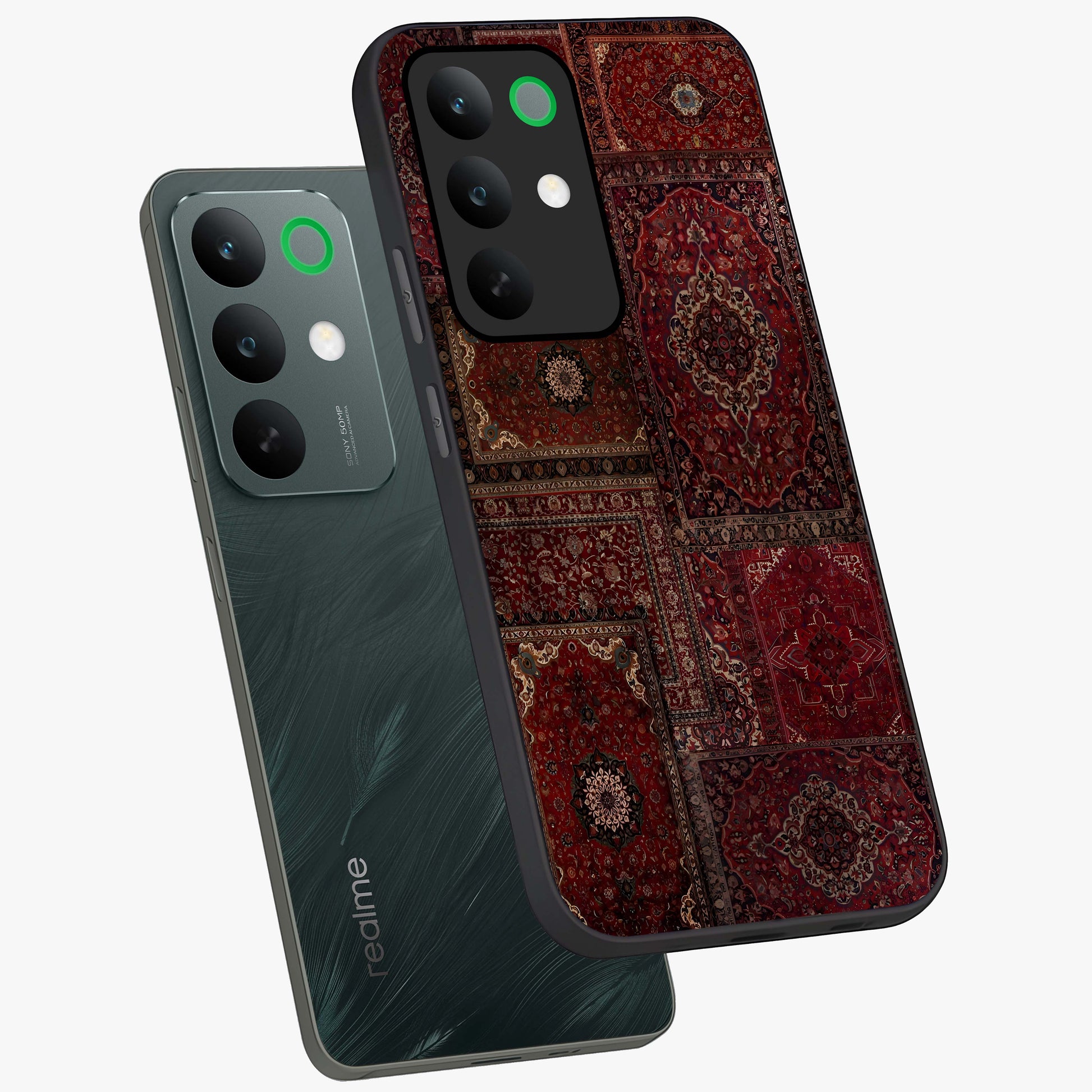 Persian Velvet Tale Glass Case displayed in angled mockup highlighting ornate textile inspired design with royal aesthetic.