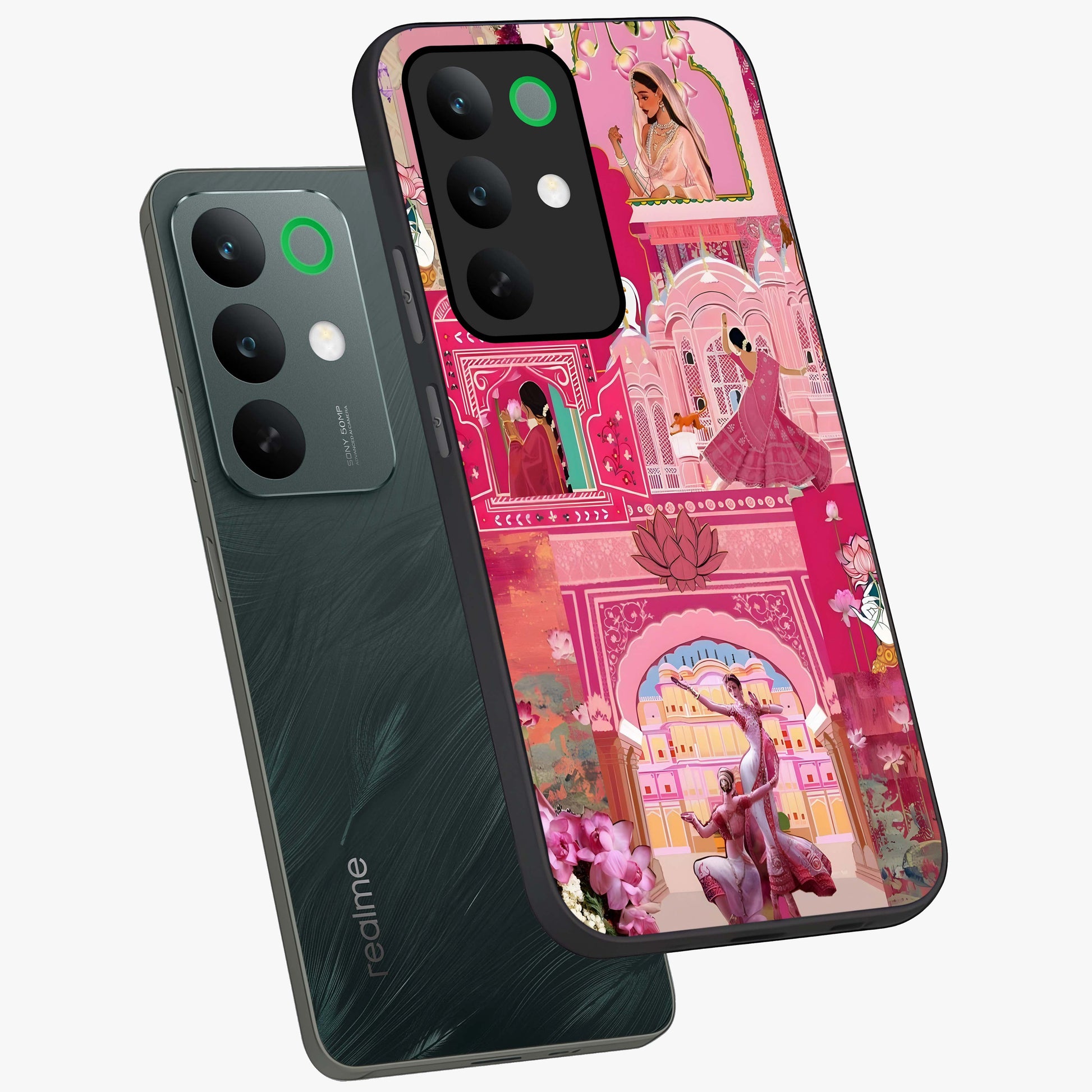 Pink Palace Muse Glass Case displayed in angled mockup highlighting dreamy palace illustration with soft pink aesthetic.
