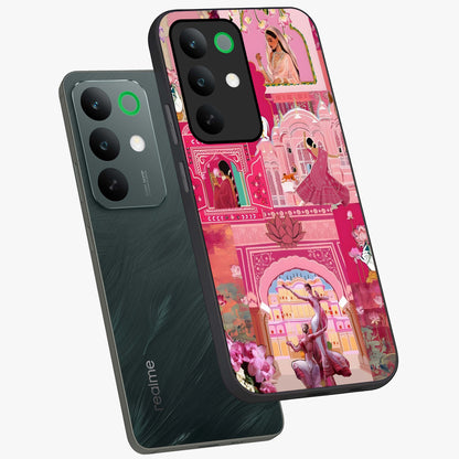 Pink Palace Muse Glass Case displayed in angled mockup highlighting dreamy palace illustration with soft pink aesthetic.
