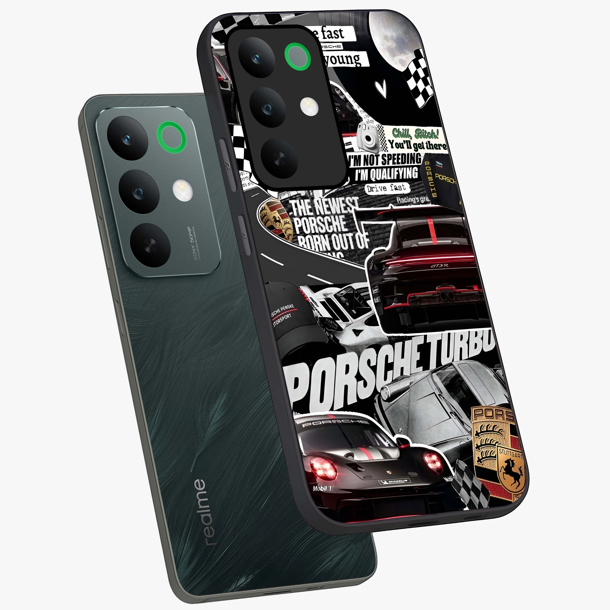 Porsche Racing Collage Glass Case displayed in angled mockup highlighting dynamic automotive design with bold racing aesthetic.