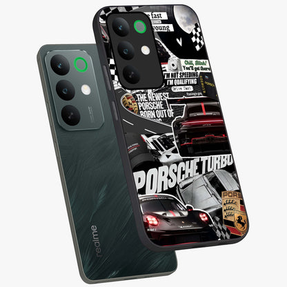 Porsche Racing Collage Glass Case displayed in angled mockup highlighting dynamic automotive design with bold racing aesthetic.