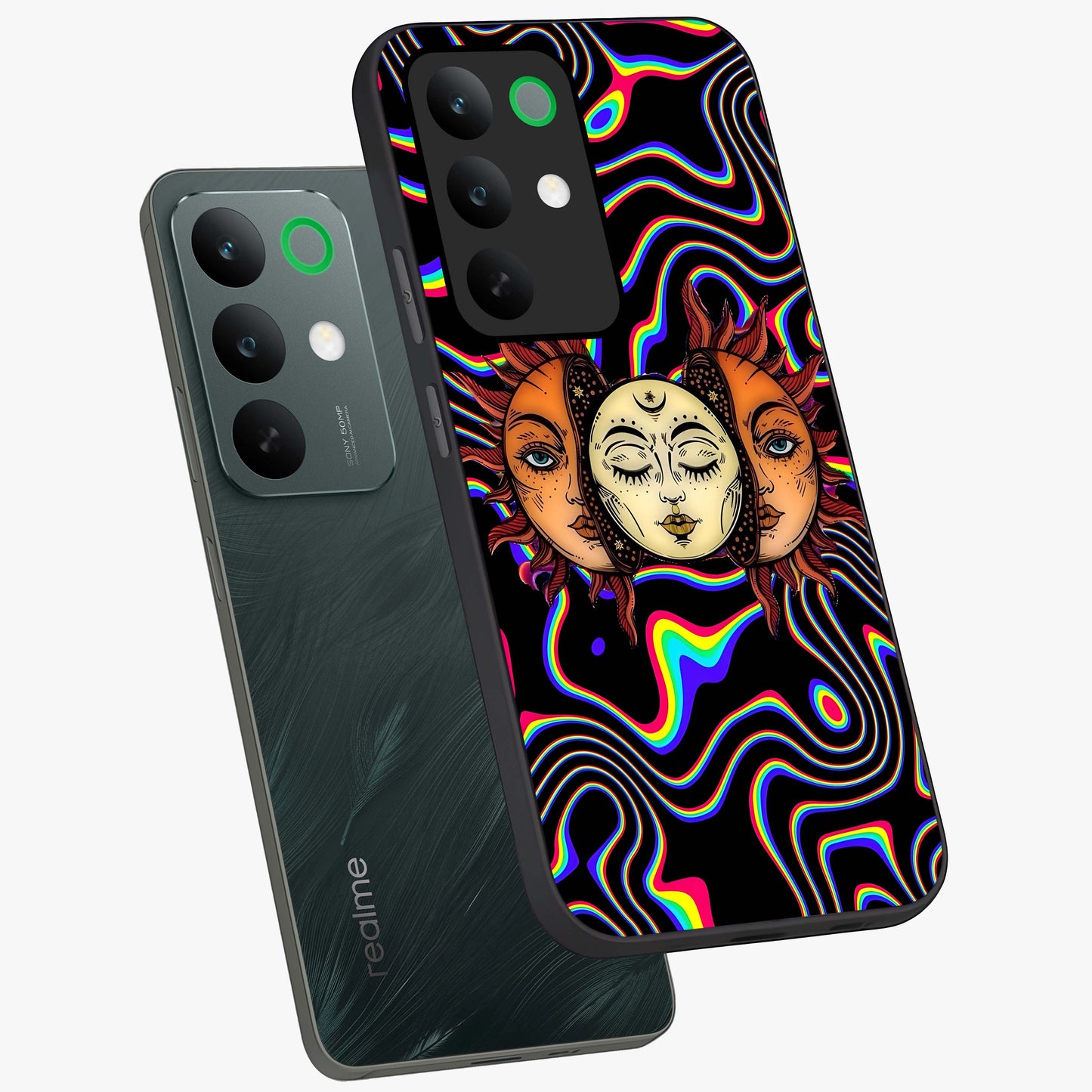 Psychedelic Sun Glass Case displayed in angled mockup highlighting vibrant abstract sun design with artistic aesthetic style.