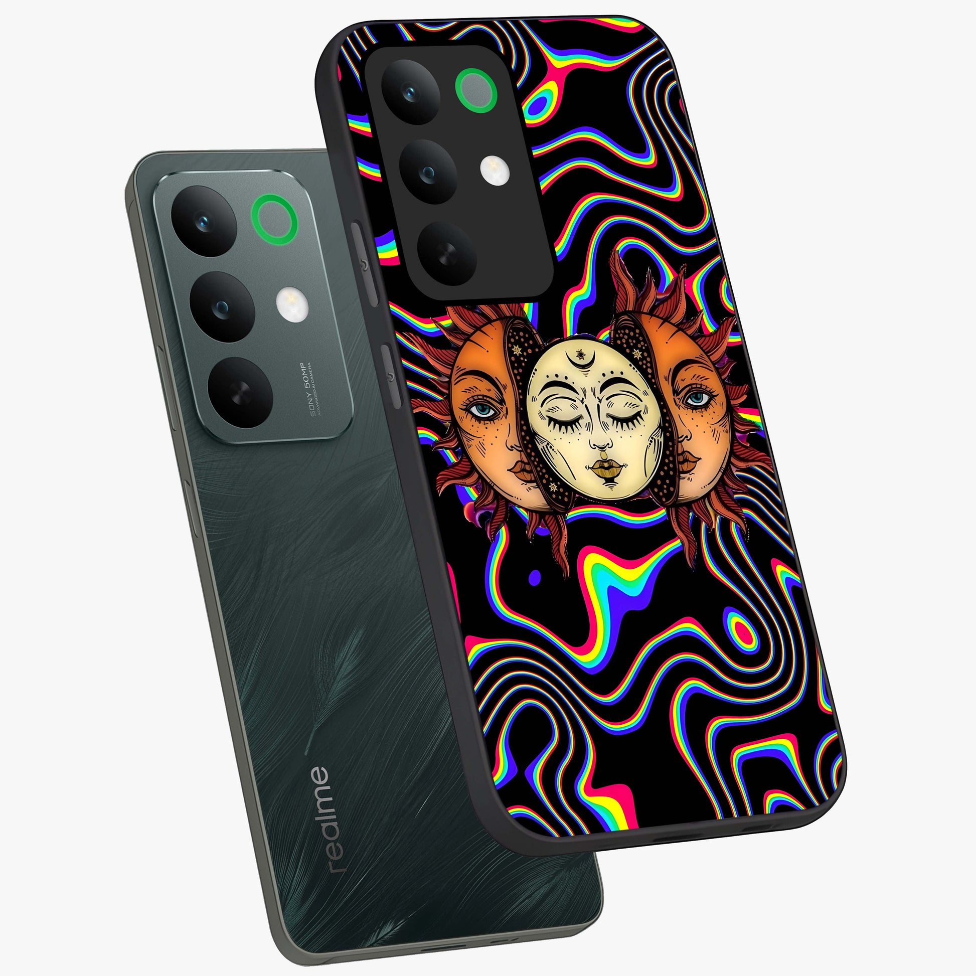 Psychedelic Sun Glass Case displayed in angled mockup highlighting vibrant abstract sun design with artistic aesthetic style.