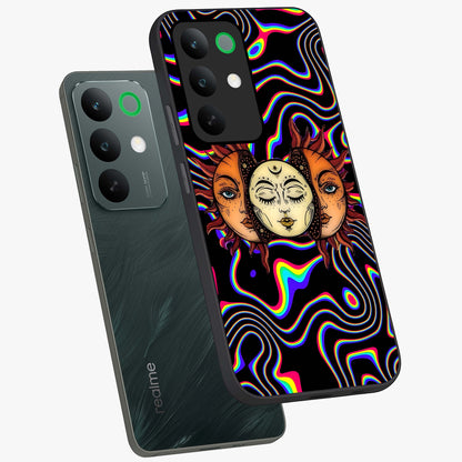 Psychedelic Sun Glass Case displayed in angled mockup highlighting vibrant abstract sun design with artistic aesthetic style.
