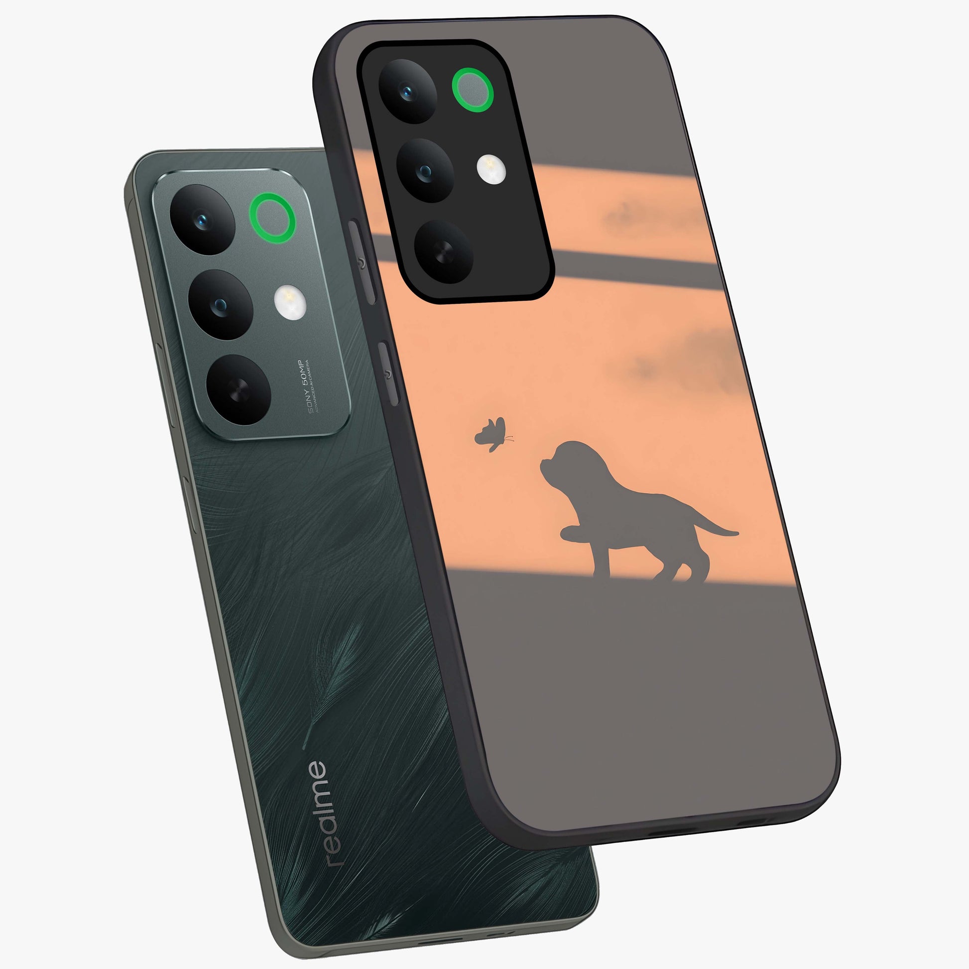 Puppy Shadow Art Glass Case displayed in angled mockup highlighting playful dog illustration with artistic shadow aesthetic.