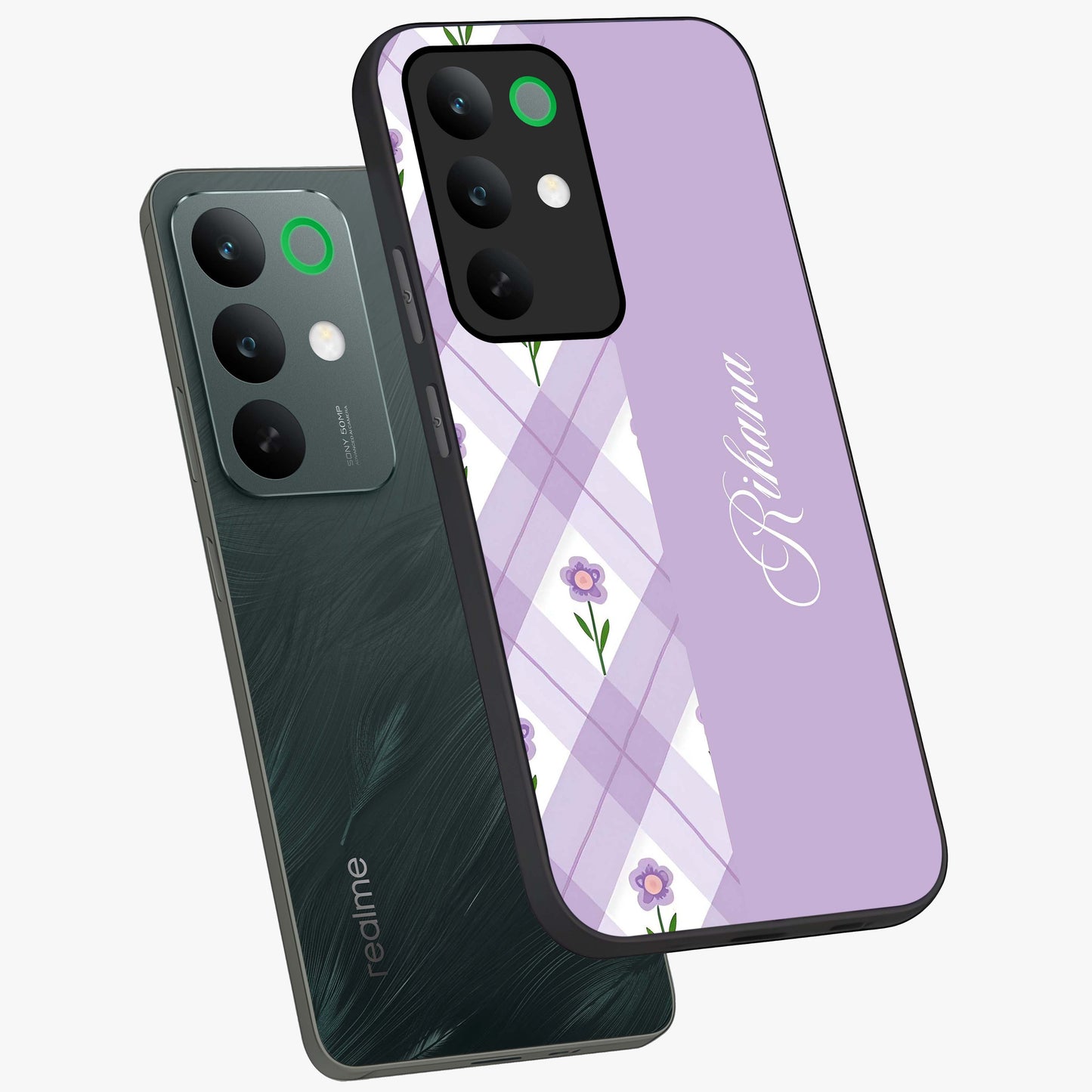 Purple Diamond Floral Glass Case displayed in angled mockup highlighting elegant purple flower design with decorative pattern.