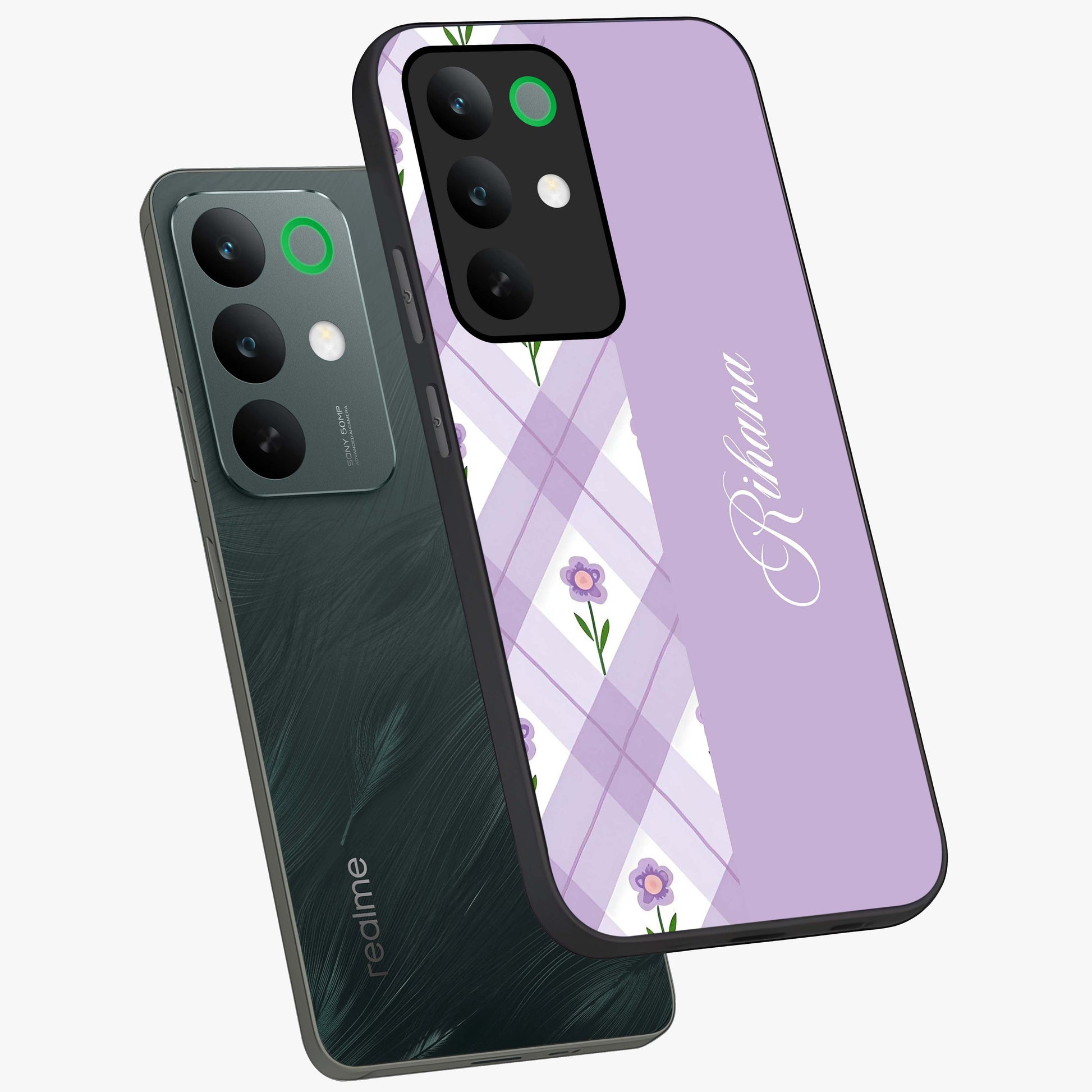 Purple Diamond Floral Glass Case displayed in angled mockup highlighting elegant purple flower design with decorative pattern.