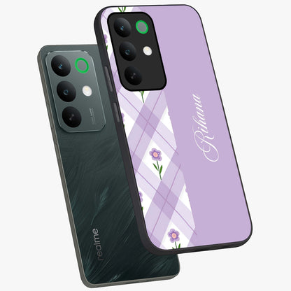 Purple Diamond Floral Glass Case displayed in angled mockup highlighting elegant purple flower design with decorative pattern.