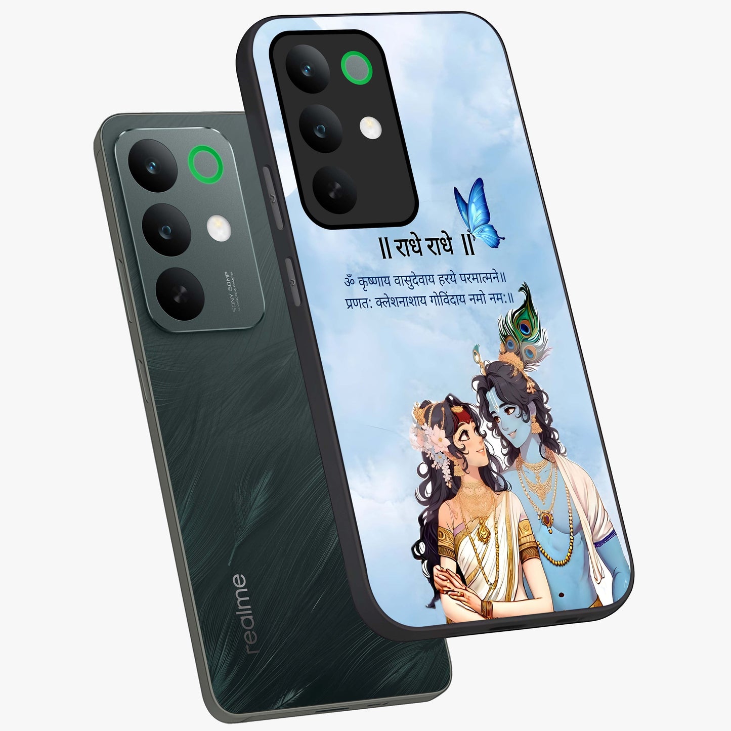 Radha Krishna Eternal Glass Case displayed in angled mockup highlighting divine Radha Krishna illustration with spiritual aesthetic.