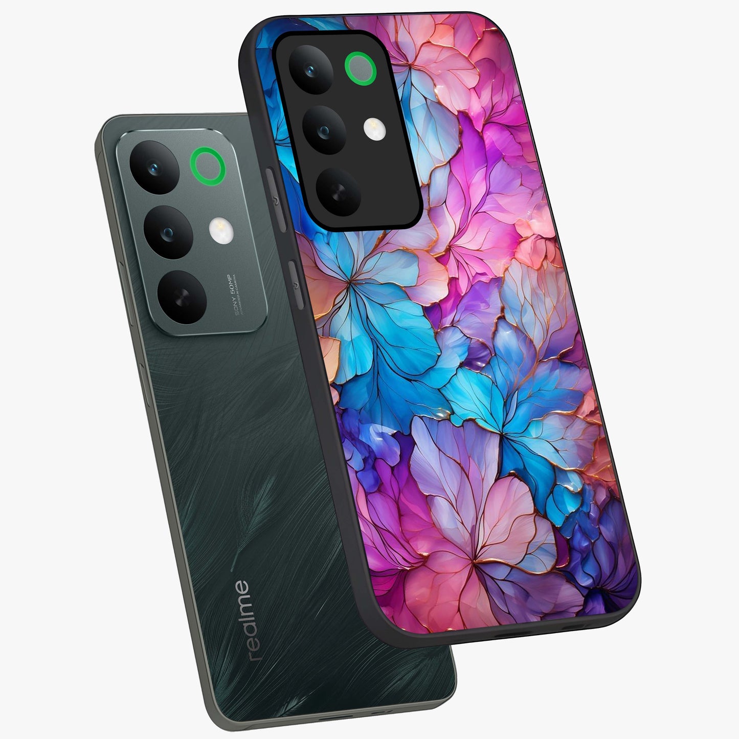Radiant Floral Whirl Glass Case displayed in angled mockup highlighting vibrant flower pattern with dynamic artistic aesthetic.