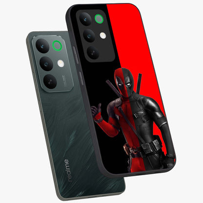 Red & Black Deadpool Theme Glass Case displayed in angled mockup highlighting vibrant superhero style illustration with action aesthetic.