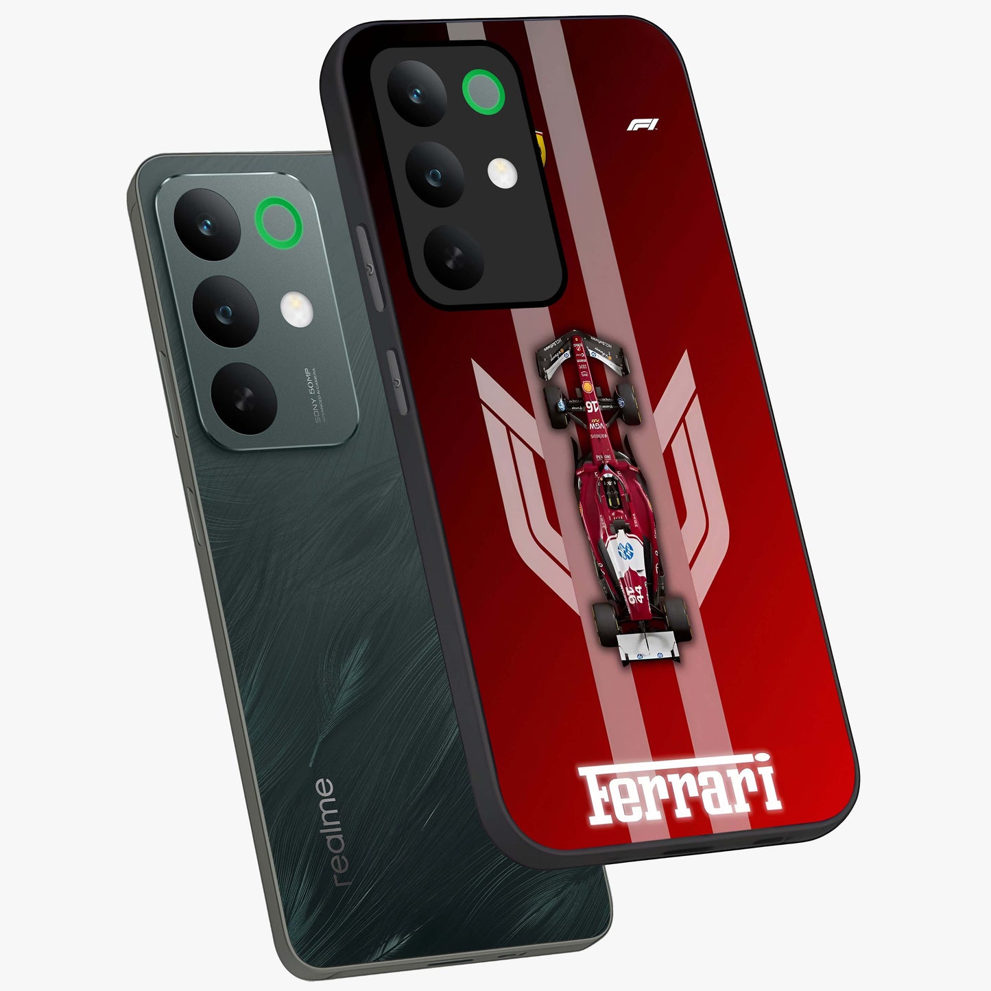 Red Ferrari F1 Vertical Glass Case displayed in angled mockup highlighting high speed racing design with bold automotive aesthetic.