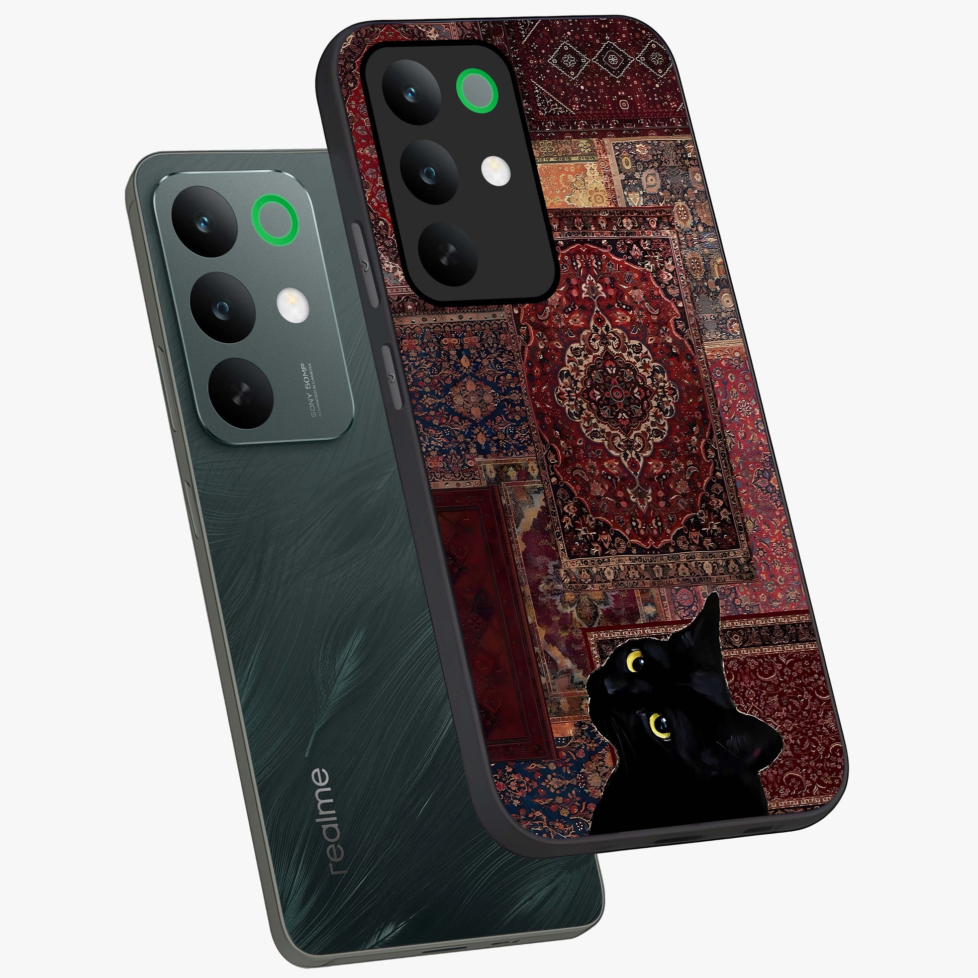 Regal Magic Cat Apple Glass Case displayed in angled mockup highlighting whimsical feline design with fantasy aesthetic.