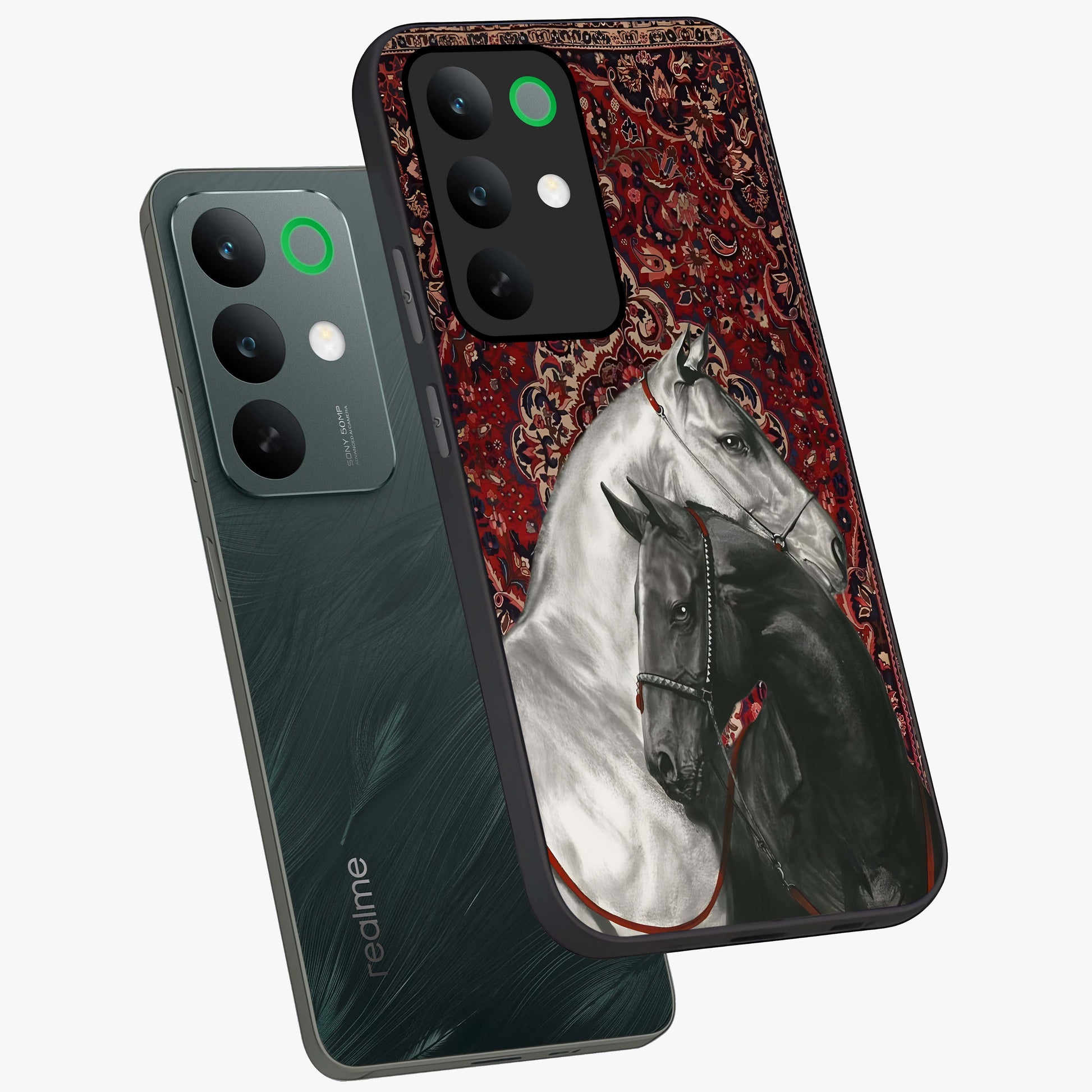 Regal Stallion Tapestry Glass Case displayed in angled mockup highlighting royal stallion design with decorative heritage aesthetic.