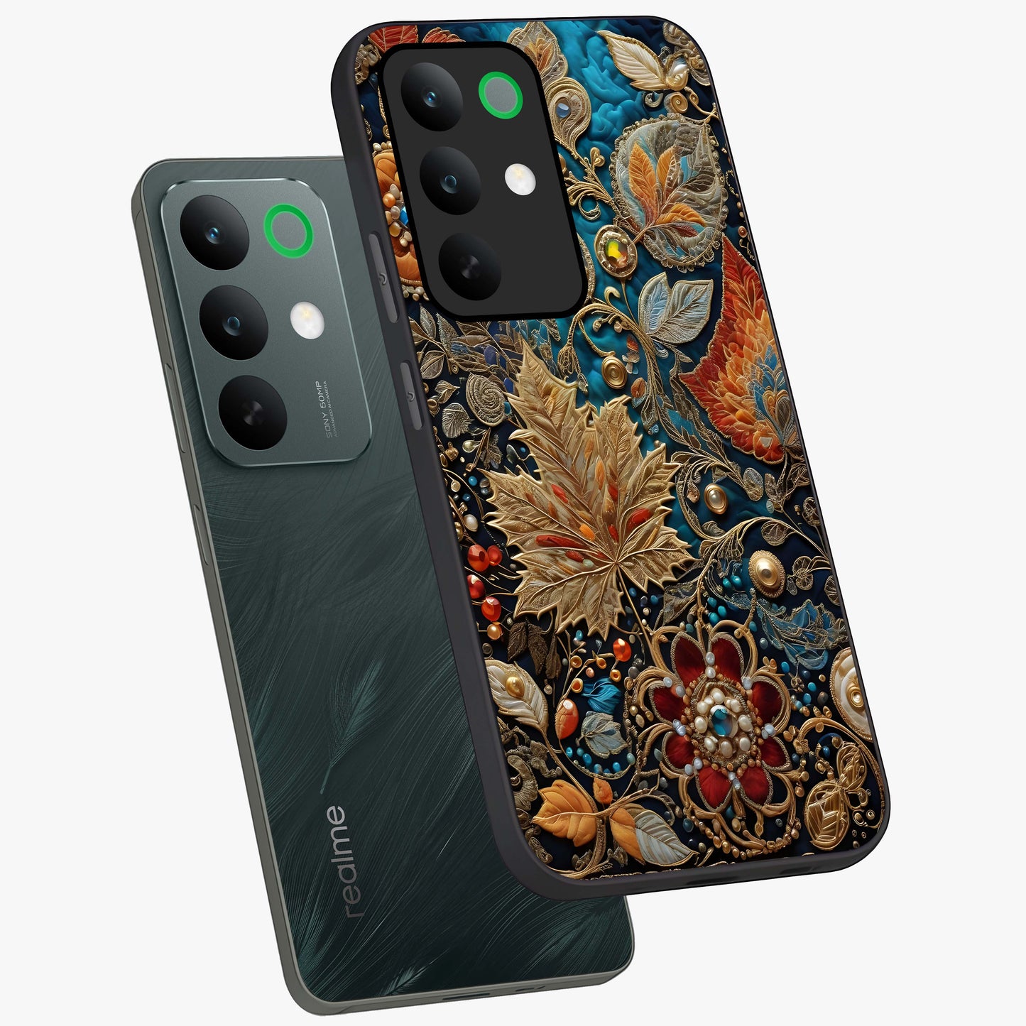 Royal Jewel Garden Glass Case displayed in angled mockup highlighting vibrant jewel inspired floral design with elegant aesthetic.