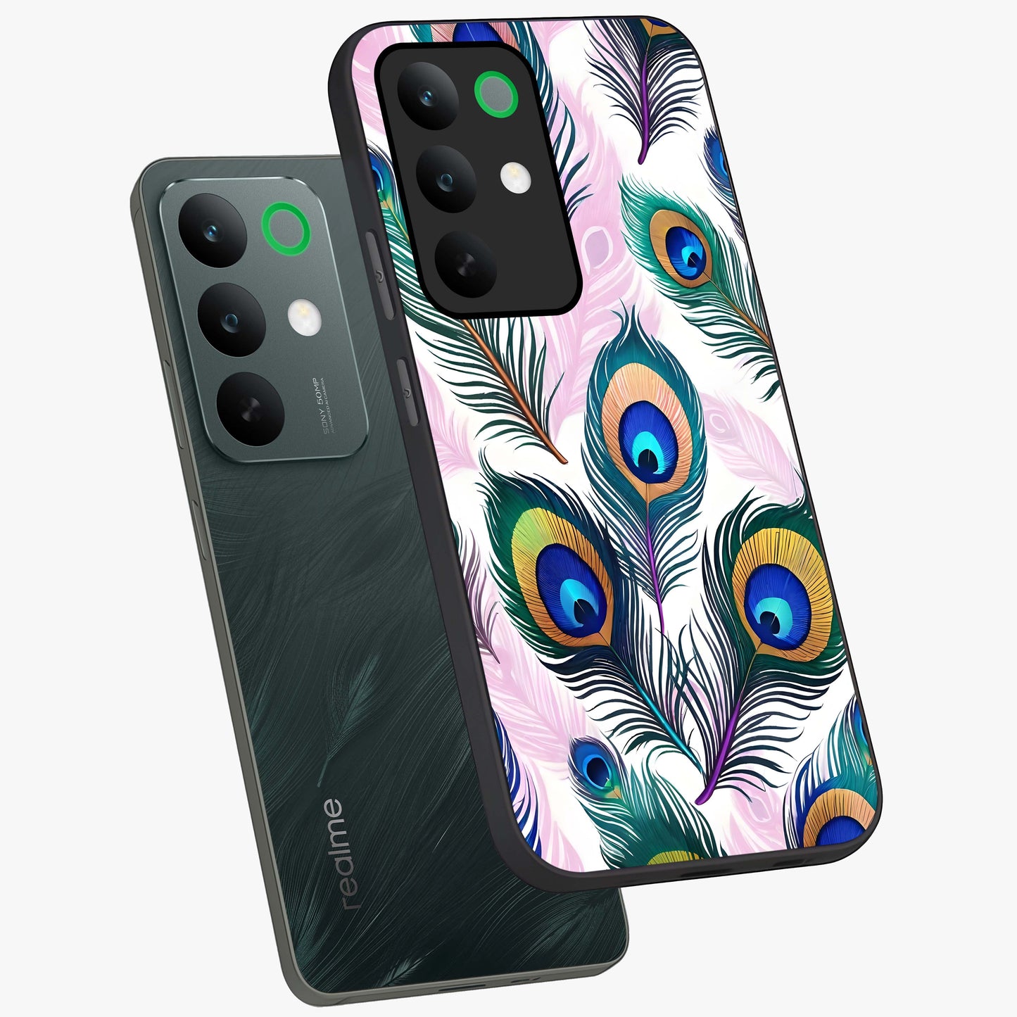 Royal Peacock Feathers Glass Case displayed in angled mockup highlighting vibrant feather pattern with regal aesthetic style.