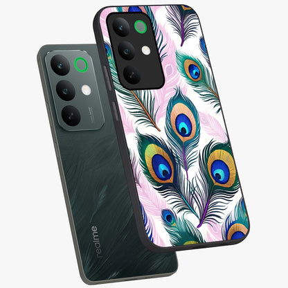 Royal Peacock Feathers Glass Case displayed in angled mockup highlighting vibrant feather pattern with regal aesthetic style.