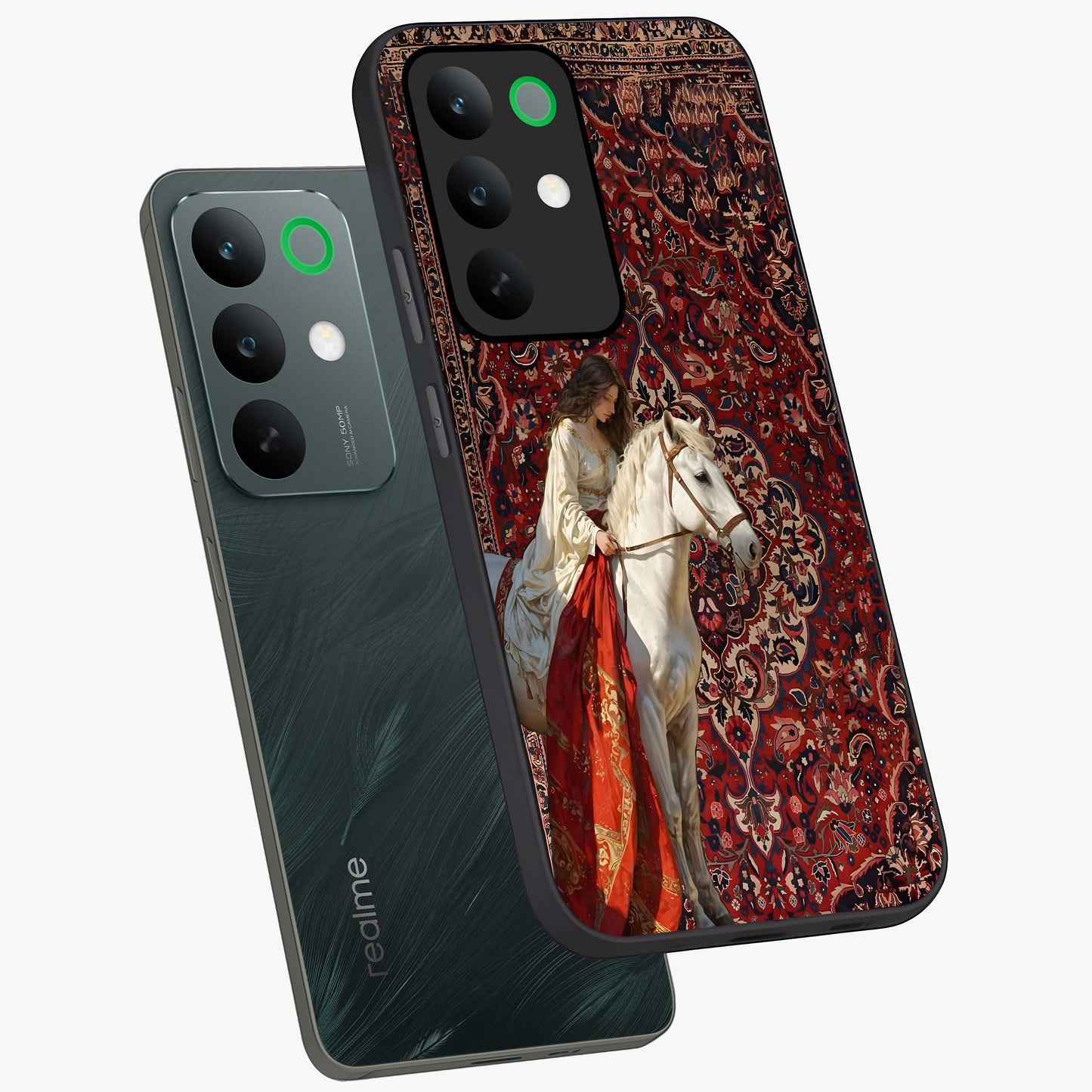 Royal Rider Tapestry Glass Case displayed in angled mockup highlighting traditional tapestry design with royal heritage aesthetic.