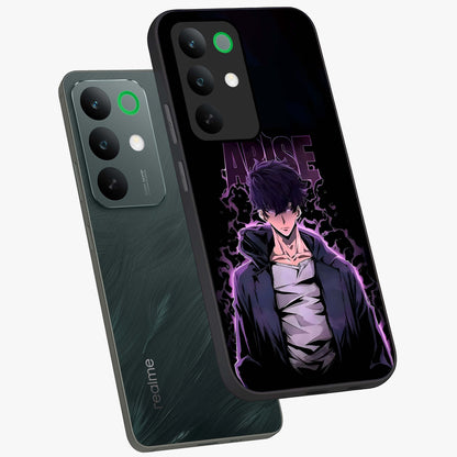 Shadow Monarch Awakening Glass Case displayed in angled mockup highlighting dramatic shadow warrior design with fantasy aesthetic.