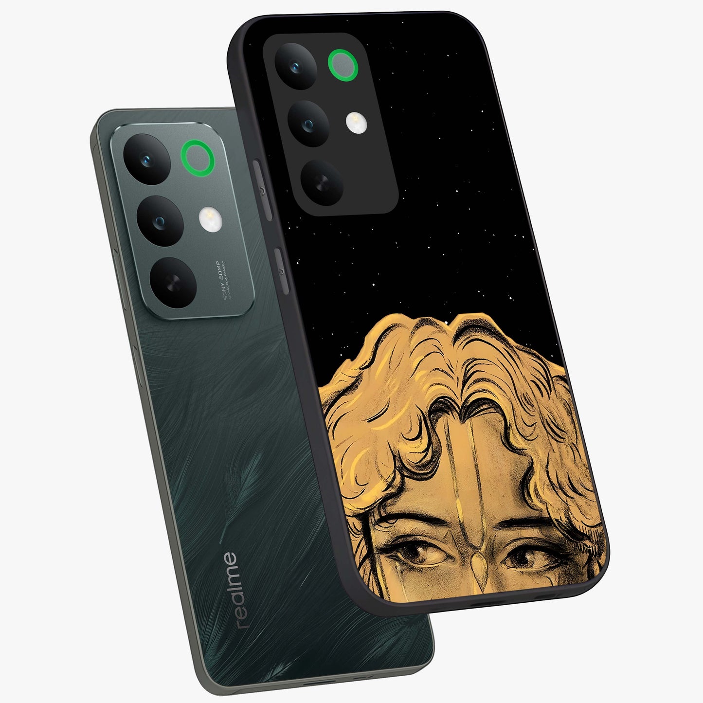 Shri Krishna Art Glass Case displayed in angled mockup highlighting spiritual Krishna illustration with divine aesthetic.