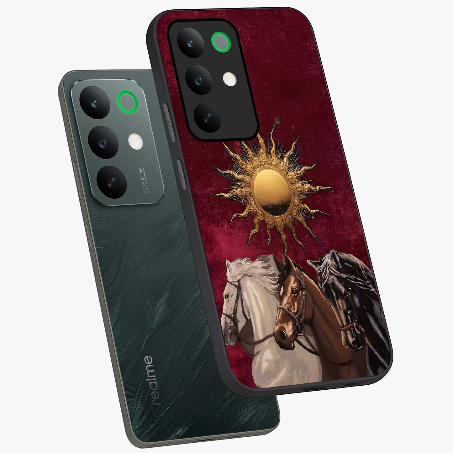 Solar Riders Glass Case displayed in angled mockup highlighting powerful rider illustration with radiant solar aesthetic.