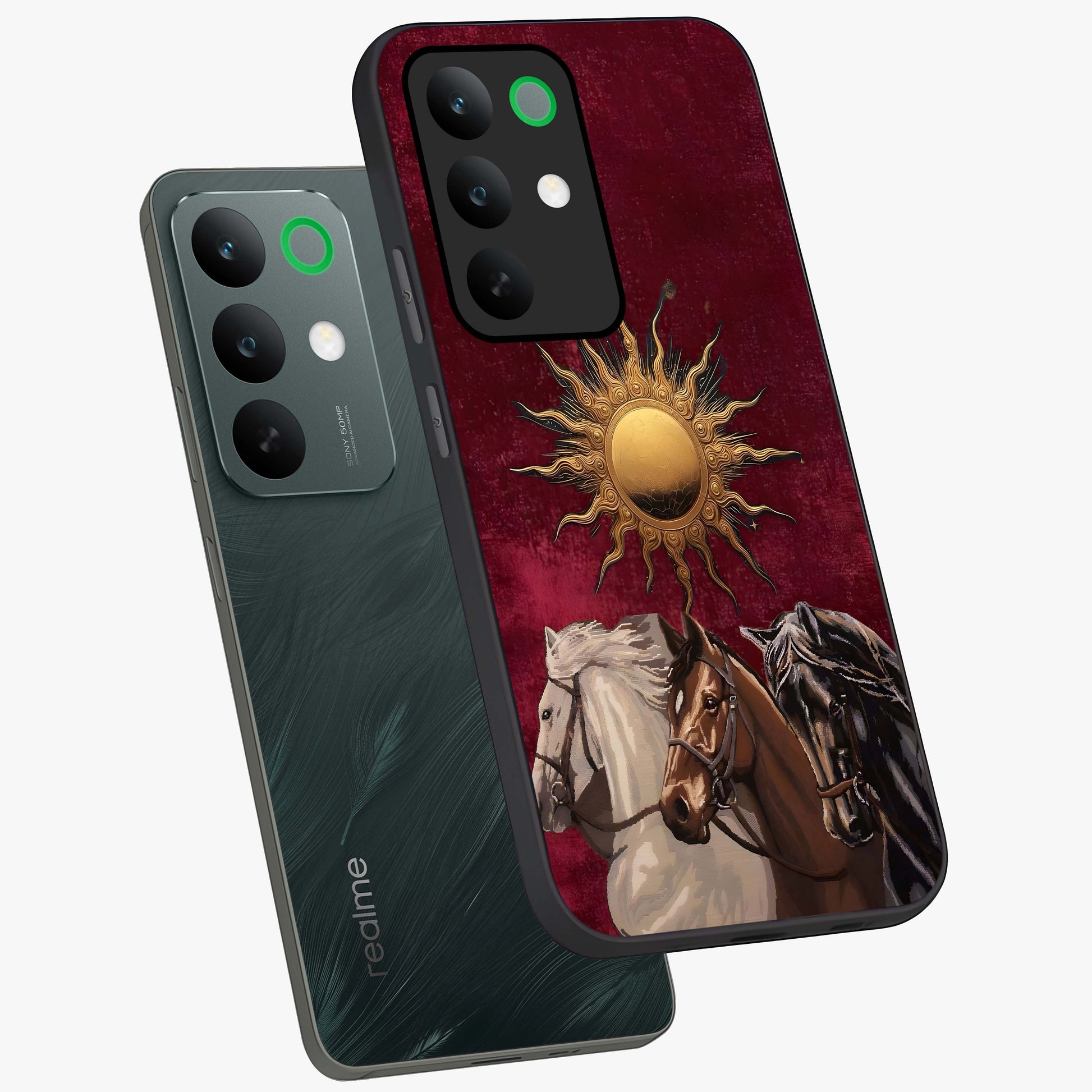 Solar Riders Glass Case displayed in angled mockup highlighting powerful rider illustration with radiant solar aesthetic.