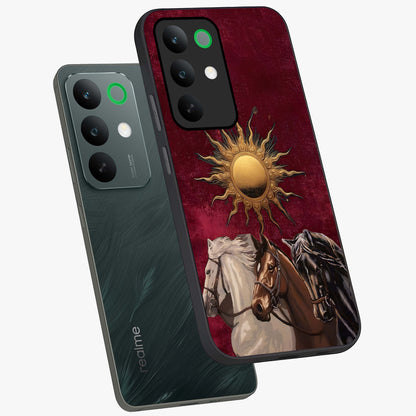 Solar Riders Glass Case displayed in angled mockup highlighting powerful rider illustration with radiant solar aesthetic.