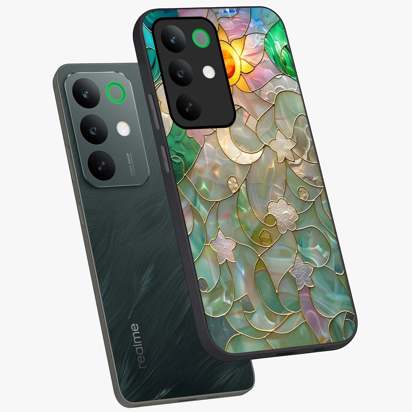 Stained Sunrise Glow Glass Case displayed in angled mockup highlighting radiant sunrise design with artistic aesthetic style.
