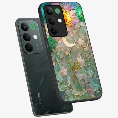 Stained Sunrise Glow Glass Case displayed in angled mockup highlighting radiant sunrise design with artistic aesthetic style.
