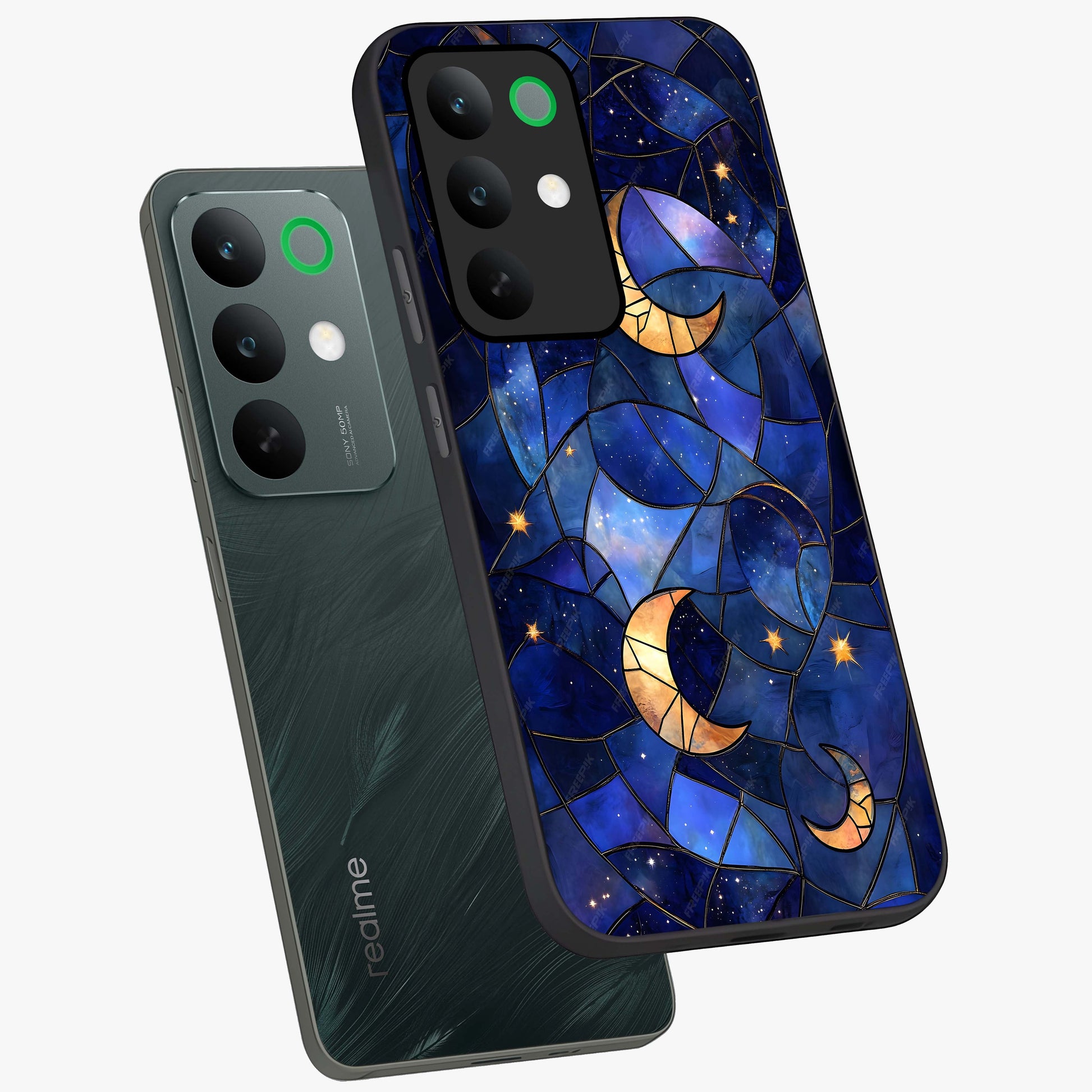Starlit Sky Tapestry Glass Case displayed in angled mockup highlighting celestial night pattern with artistic aesthetic style.
