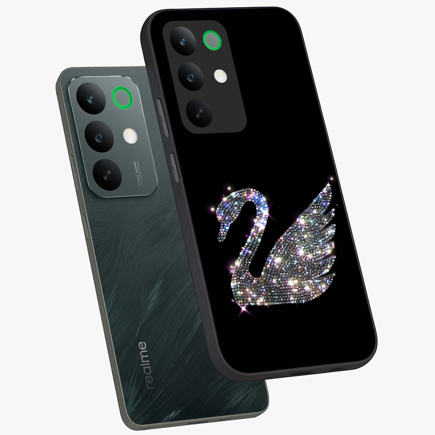 Starlit Swan Grace Glass Case displayed in angled mockup highlighting elegant swan illustration with dreamy celestial aesthetic.