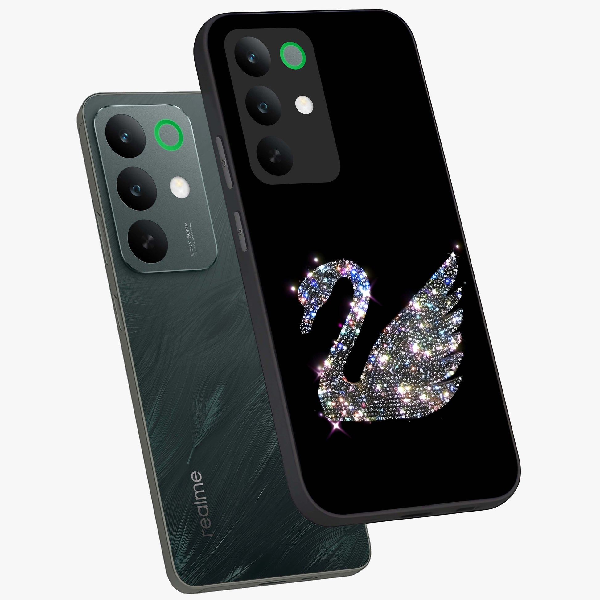 Starlit Swan Grace Glass Case displayed in angled mockup highlighting elegant swan illustration with dreamy celestial aesthetic.