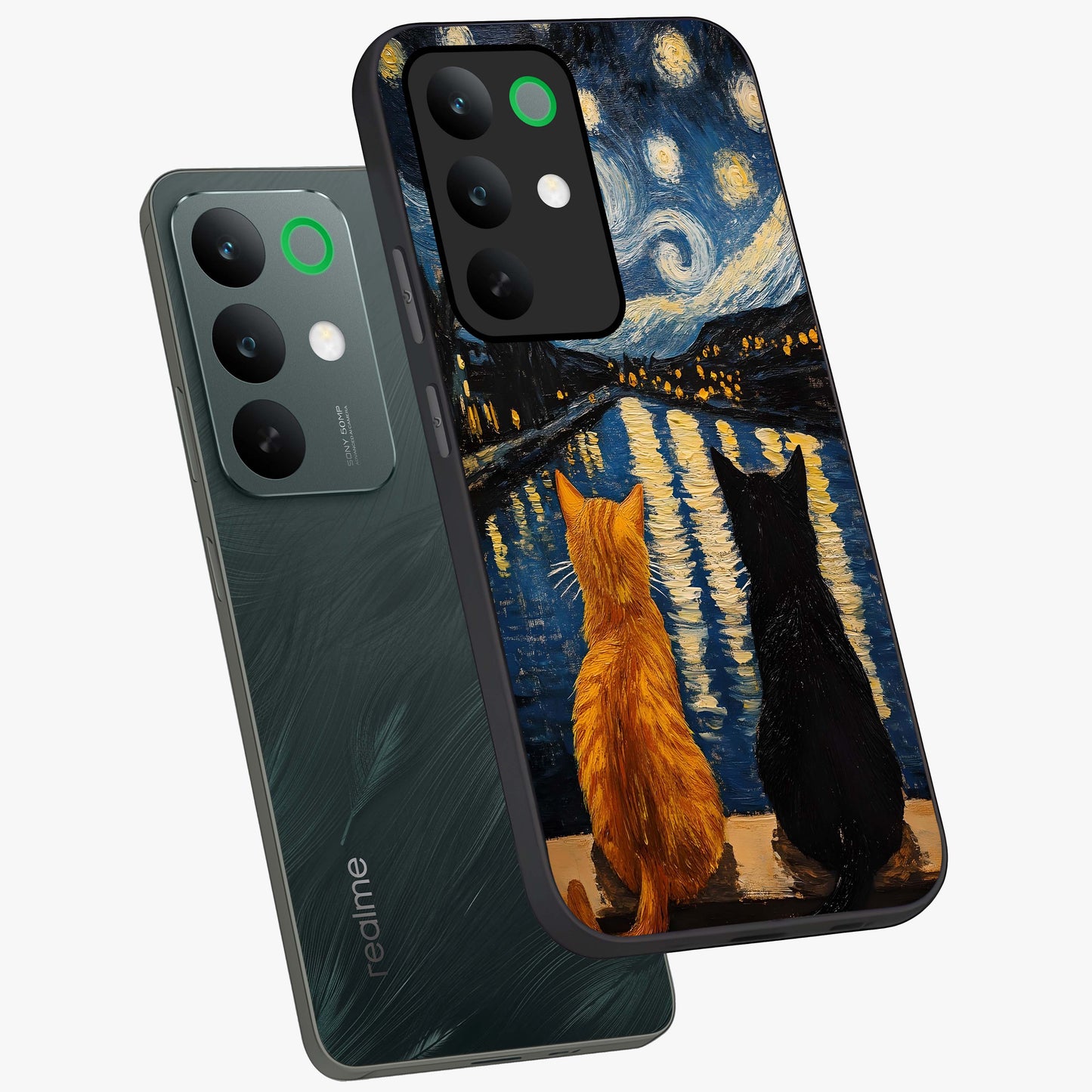 Starry River Cats Glass Case displayed in angled mockup highlighting charming feline illustration with dreamy night aesthetic.