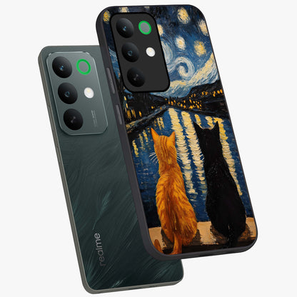 Starry River Cats Glass Case displayed in angled mockup highlighting charming feline illustration with dreamy night aesthetic.