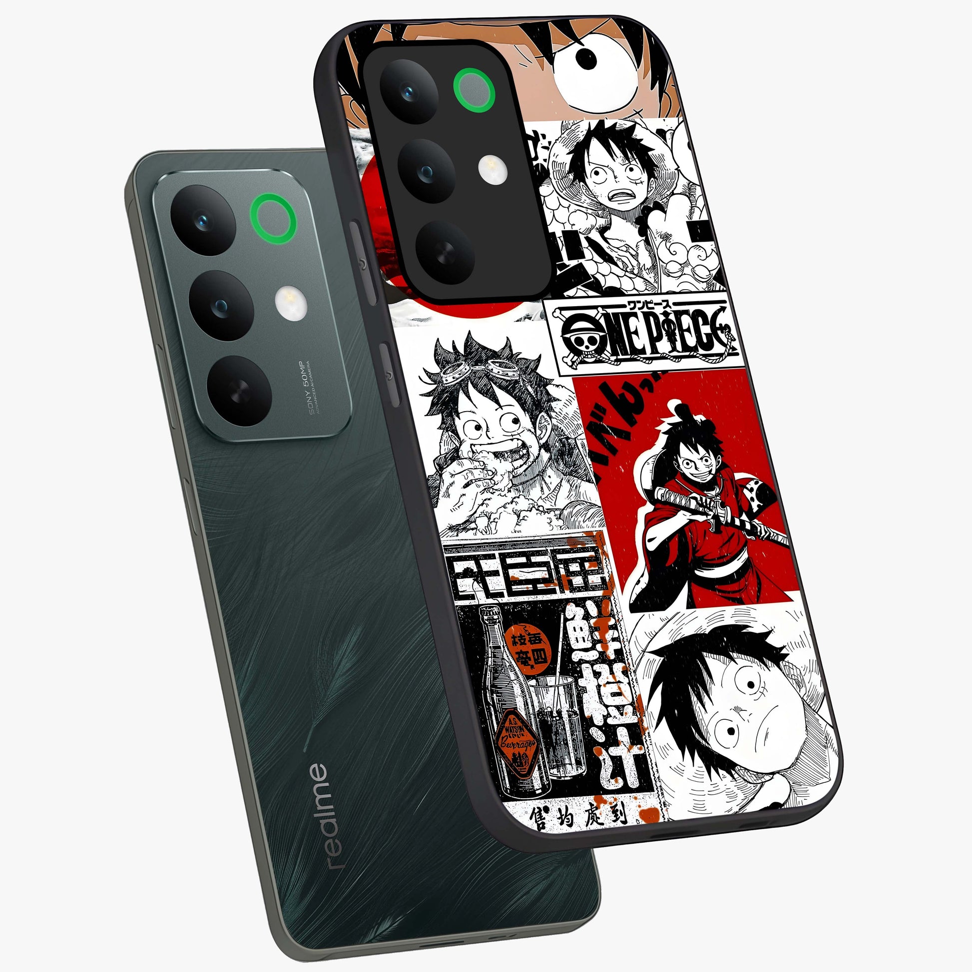 Strawhat Chaos Panels Glass Case displayed in angled mockup highlighting vibrant anime collage design with action aesthetic.