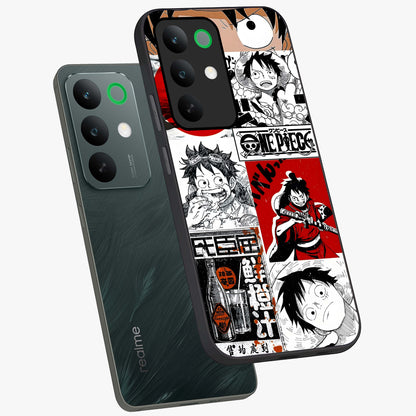 Strawhat Chaos Panels Glass Case displayed in angled mockup highlighting vibrant anime collage design with action aesthetic.
