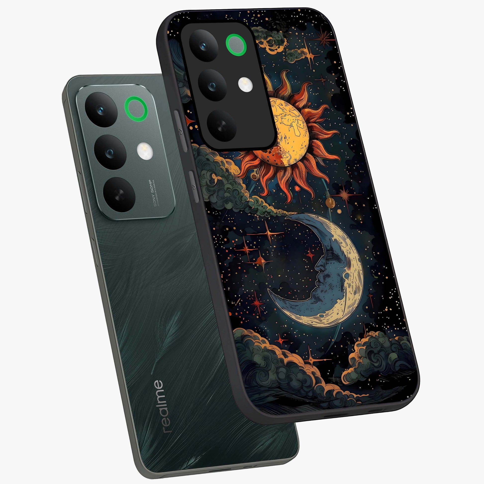 Sun And Moon Magic Design Glass Case displayed in angled mockup highlighting celestial design with magical cosmic aesthetic.